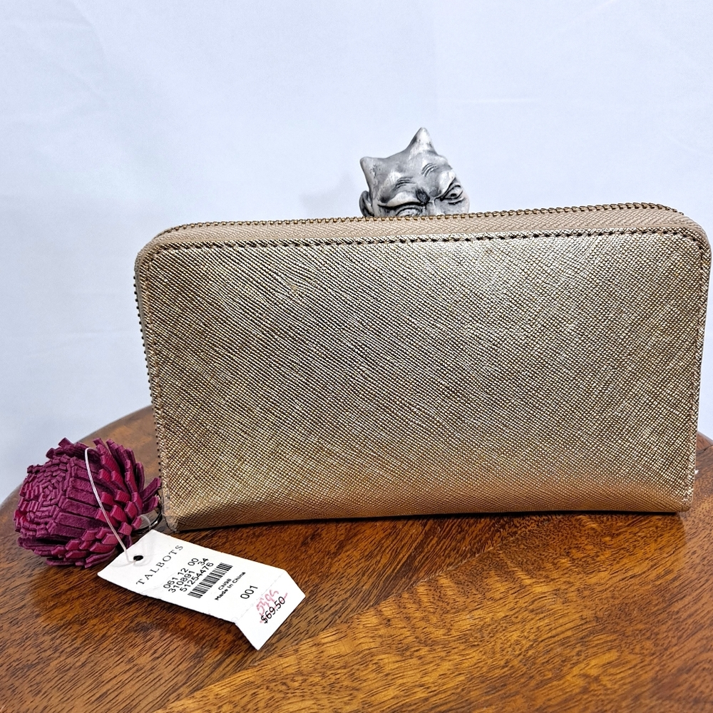 Talbots Gold Zippered Wallet With Purple Leather Flower NWT